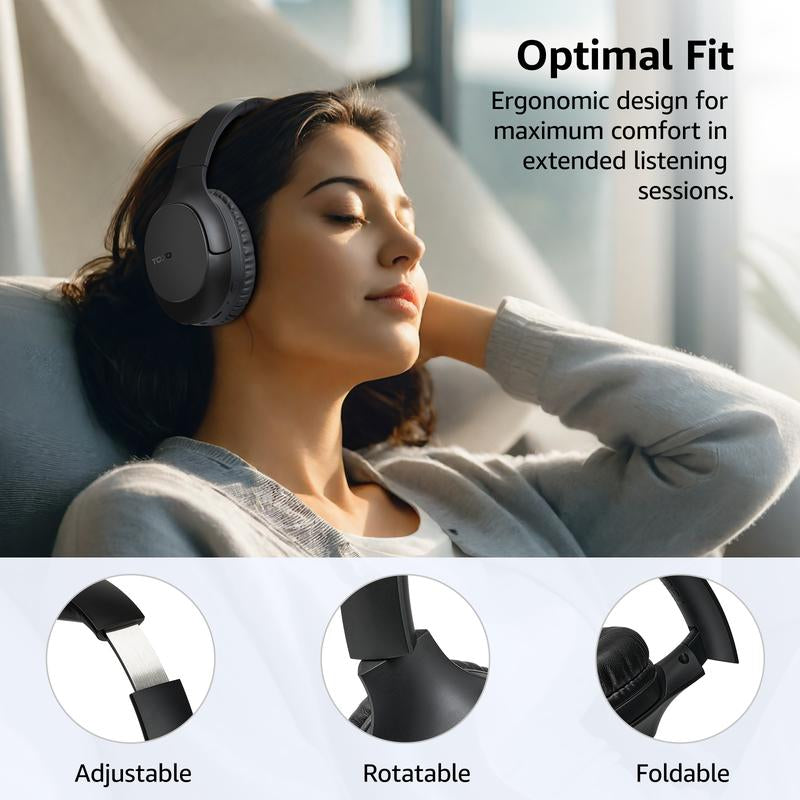 TOZO HA1 Bluetooth 5.4 Headphones, ENC Call Noise Cancelling with Mic over Ear Wireless Headset Foldable with 70H Playback, Stereo Bass, EQ Modes via Button & APP for Travel Home Black