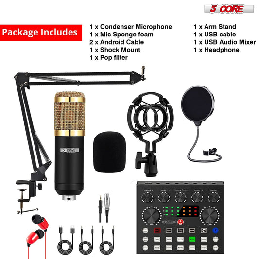 5Core Recording Microphone Podcast Bundle Professional Condenser Cardioid Mic Kit W Boom Arm