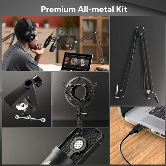 Professional Grade USB Streaming Podcast PC Microphone, 192Khz/24-Bit Studio Condenser Microphone Kit with Sound Card, Boom Arm, Shock Mount, Pop Filter, Suitable for Audio and Video Equipment, Youtuber, Karaoke, Games, Recording with Adjustable Noise Plu