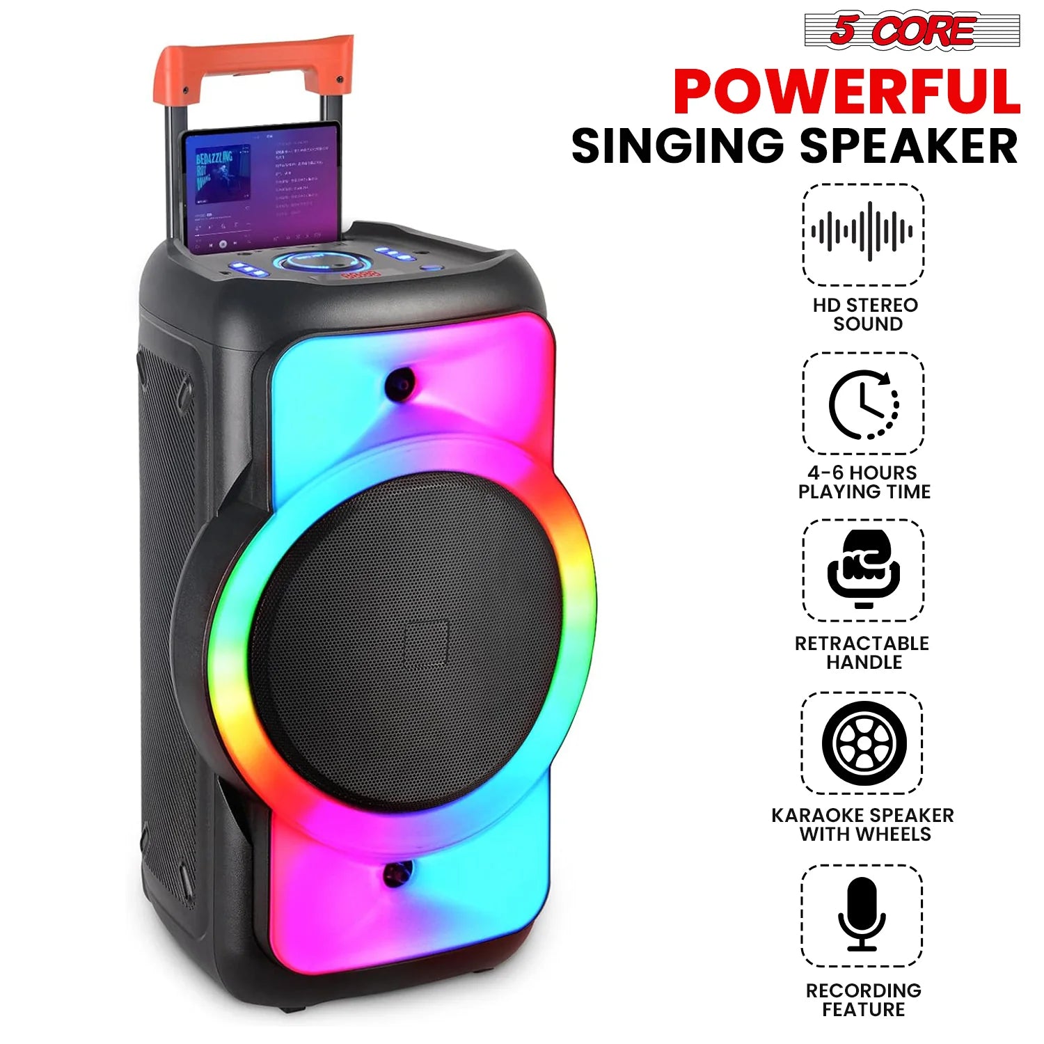 5Core Bluetooth Party Speaker 12 Inch PA RGB Partybox Karaoke Machine + 2 Wireless Mic