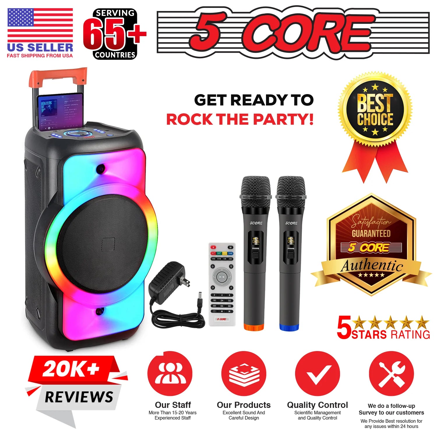 5Core Bluetooth Party Speaker 12 Inch PA RGB Partybox Karaoke Machine + 2 Wireless Mic